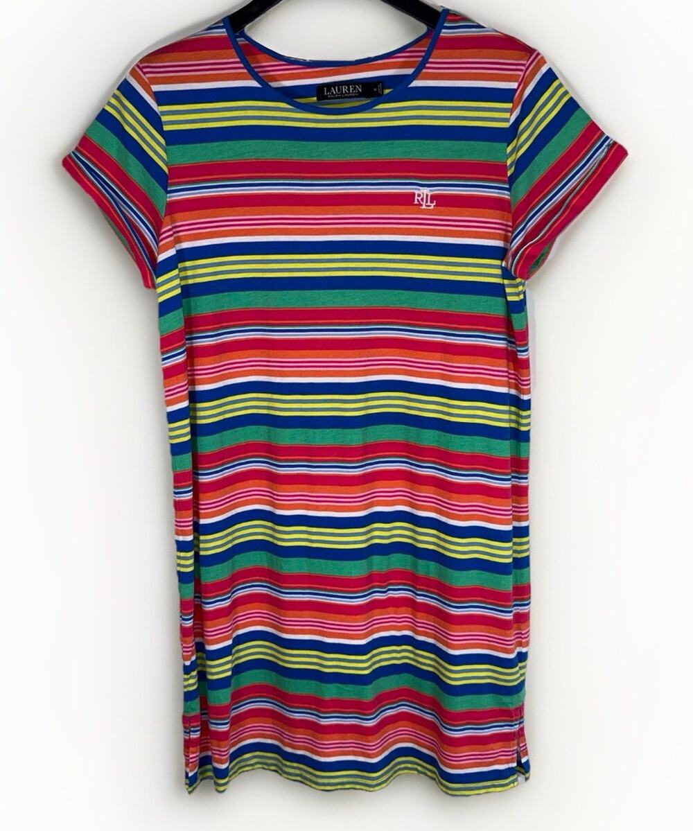 Ralph Lauren Red Blue Yellow Stripe Jersey Knit T-Shirt Dress Preppy Sporty Sz M